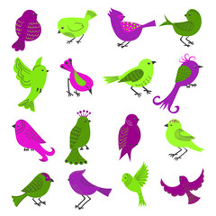 Set of cute cartoon birds isolated on white background. Collection of birds in purple and green colors. Vector illustration. 