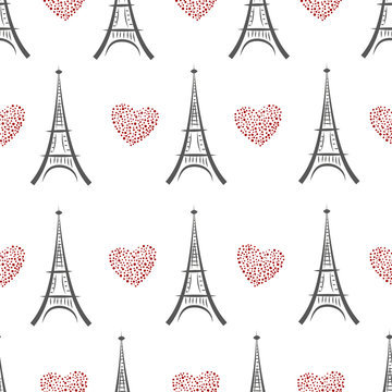 Black and white eiffel tower seamless pattern. Vector background with doodle eiffel towers and red hearts. 