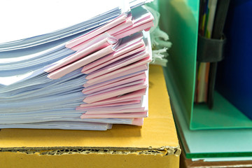 Close up of business documents stack on desk , report papers stack