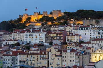 Evening Jorge Castelo de Sao and buildings in Lisbon.