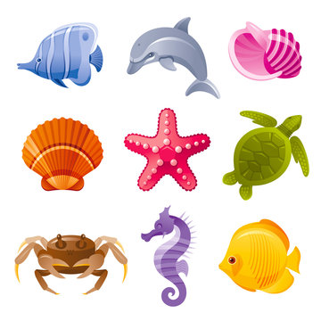 Colorful cartoon icon set of sea animals