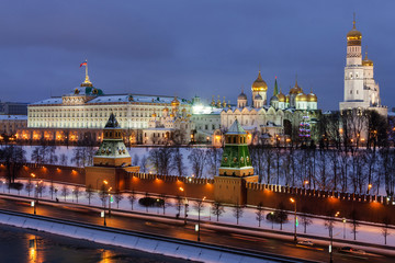 Winter night view of the Moskva River and Moscow Kremlin, where the Grand Kremlin Palace,...