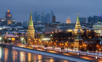 top view Moscow Kremlin, Ministry of Interior, Moscow City in winter night.