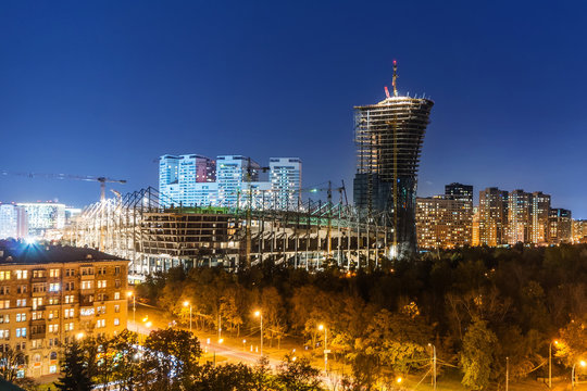 Construction stadium of football club CSKA Moscow, night view.
