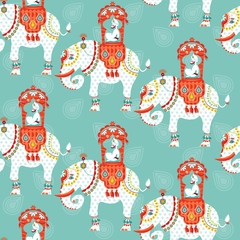 Decorated indian elephant with maharaja on a back.  Seamless background pattern. 