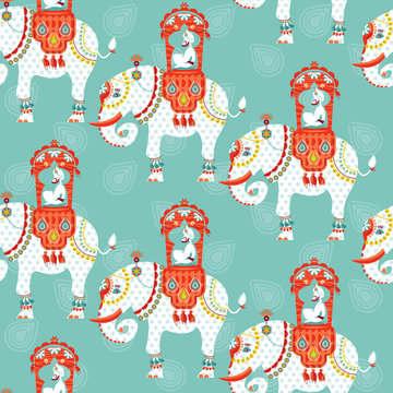 Decorated indian elephant with maharaja on a back.  Seamless background pattern. 