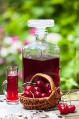Glass of cherry brandy liqueur with fresh sour cherries in the basket