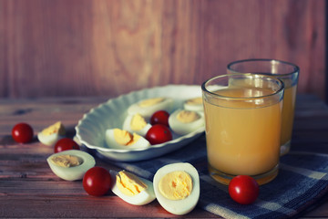 egg breakfast fruit wooden background