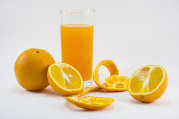 Orange  with orange slice and juice isolated on white background. zoom in.