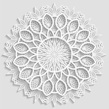 3D  mandala, lacy paper doily, decorative flower, decorative snowflake,  lace pattern, arabic ornament, indian ornament, embossed pattern,  vector