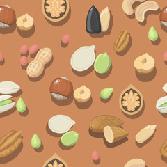 Vector seamless pattern nuts hazelnut, almonds, peanuts, walnut cashew pistachios