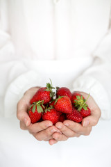 handful of strawberries in hand. selective focus