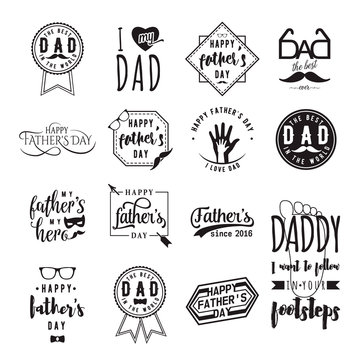 Happy fathers day wishes overlays, lettering labels design set. Retro father badges. Hand drawn emblems with tie, mustache, glasses, hand. Isolated sign or logo for photo greeting web, print.