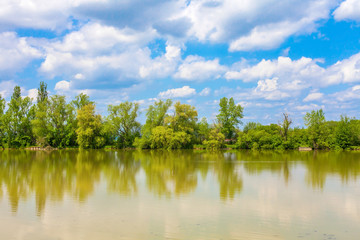 Lake with trees and cloudy sky