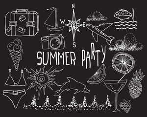 Hand drawn vector summer set. Sketches. Hand written text "Summer Party".