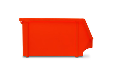 Red plastic parts bin