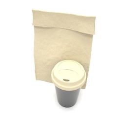 Coffee to go and lunch bag, on white. 3d rendering.