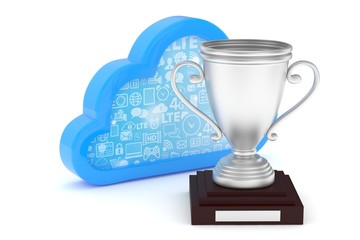 Isoalted silver cup with cloud on white background. Blue contour cloud. Concept of cloud storage competition. Leader cloud drive. Best storage contest. 3D rendering.