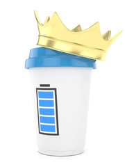 Coffee cup with  golden crown and battery on white background. Concept of luxury royal coffee. 3D rendering.