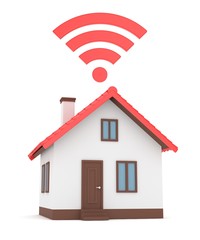 Wifi house on white background. Wireless technology. Internet, phone and radio signal. Network. 3D rendering