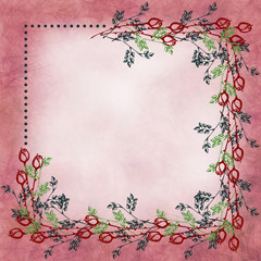 Hand drawn textured floral background.Vintage card with roses and leaves.Template for letter or greeting card.Square shape.Series of Watercolor, Oil, Pastel, Backgrounds and Cards,Blanks,Forms.