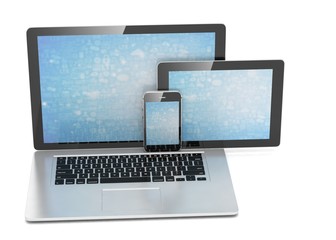 Fototapeta premium laptop, tablet, phone, on white. 3d rendering.