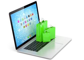 laptop and  shopping pags on white background. 3d rendering.