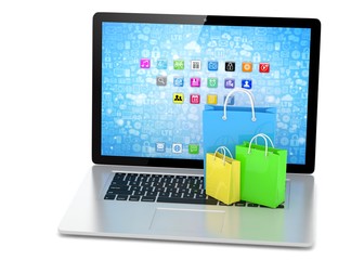 laptop and  shopping pags on white background. 3d rendering.