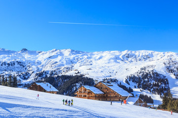 Fototapeta na wymiar Skiers on the slopes of the ski resort of Meriber. France