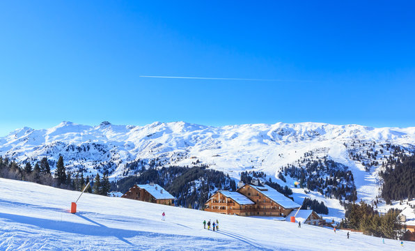 Skiers on the slopes of the ski resort of Meriber.  France