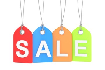 Colorful isolated sale labels on white background. Price tags. Special offer and promotion. Store discount. Shopping time. 3D rendering.