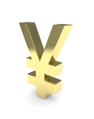 Isolated golden yen yuan sign on white background. Chinese japanese currency. Concept of investment, asian market, savings. Power, luxury and wealth. 3D rendering.