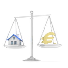 Isolated silver scales with golden euro and house on white background. Investment or savings concept. Real estate and currency. 3D rendering.
