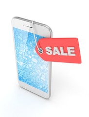 White smart phone with red sale label on white background. Best offer. Leader of sales. 3D rendering.