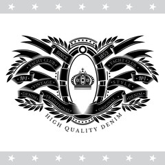 Obraz premium Crown In Center Of Oval Frame Between Ribbons With Laurel Elements. Vintage Label With Coat of Arms Isolated On White