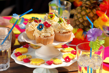 Freshly baked tropical muffins with pineapple and coconut