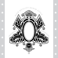 Oval Frame Between Riboons And Cross Torch. Vintage Label With Coat of Arms Isolated On White