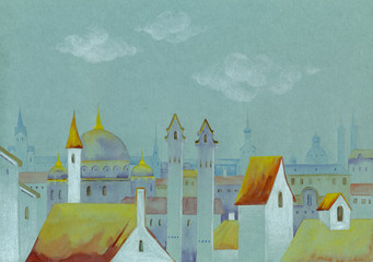 Fototapeta premium Watercolor painting on textured paper. Old fairy town.