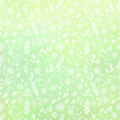 Hand drawn textured floral background. Green template with little flowers and leaves. Decorative pattern. Series of Watercolor, Oil, Pastel, Backgrounds and Cards,Blanks,Forms.