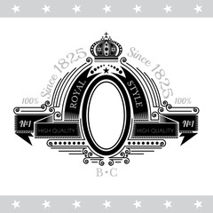 Oval Frame Between Line Pattern And Winding Ribbons For Your Text. Vintage Label With Coat of Arms Isolated On White