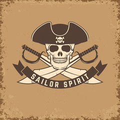 Sailor spirit. Skull with anchor on grunge background. Vector il