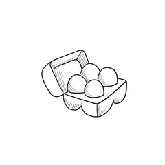 Eggs in carton package sketch icon.