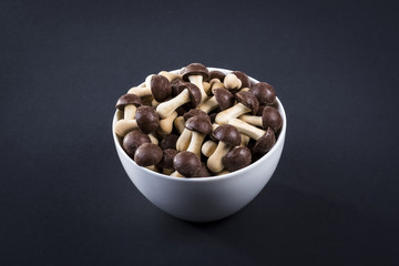 original cookies in the shape of mushrooms with chocolate hat