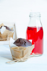 Chocolate muffins and cranberry juice in bottle