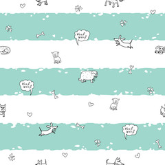 The seamless vector pattern with light stripes and funny dogs.