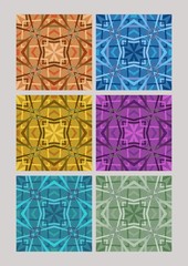 Set of geometric cubist patterns, tiles in different color variants, orange, blue, yellow, purple, green