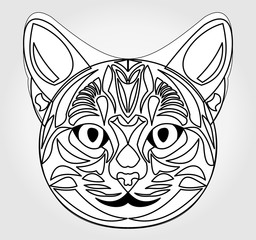 Fototapeta na wymiar Cat head drawing. Symbol of sun god. Egyptian mythology symbol. Egypt sacred animal cat. Black and white cat head. Cat head tattoo template. Vector cat head.