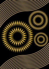 Modern abstract background with metallic circle elements and waves. Vector background with gold circle elements. Concentric metallic element.