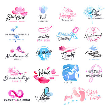 Set of hand drawn watercolor signs for beauty, healthy life and wellness. Vector illustrations for graphic and web design, for cosmetics, natural products, spa, beauty center.