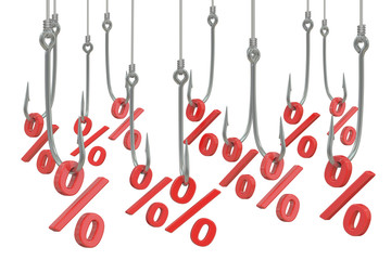 percent signs on the fishing hooks, discount concept.  3D render